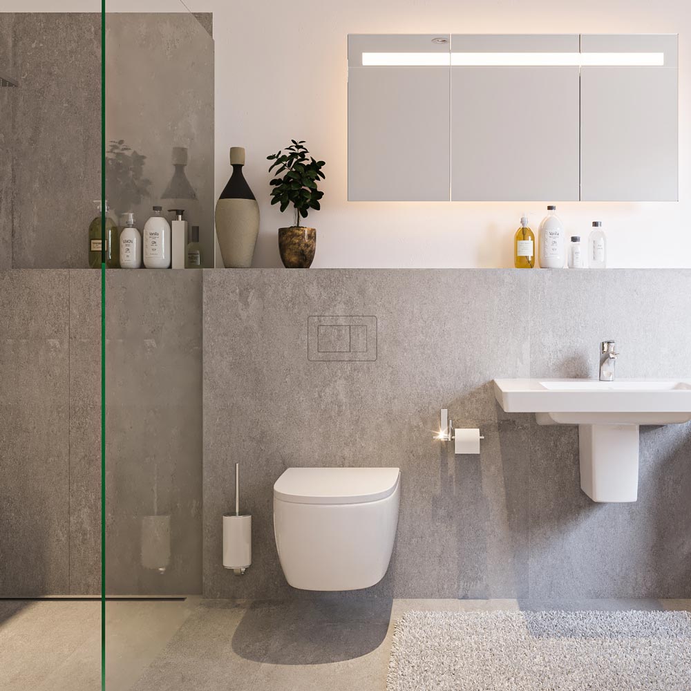 Moderne befliesbare Drückerplatte, flächenbündig eingebaut in geflieste Wand, ideal befliesbar.