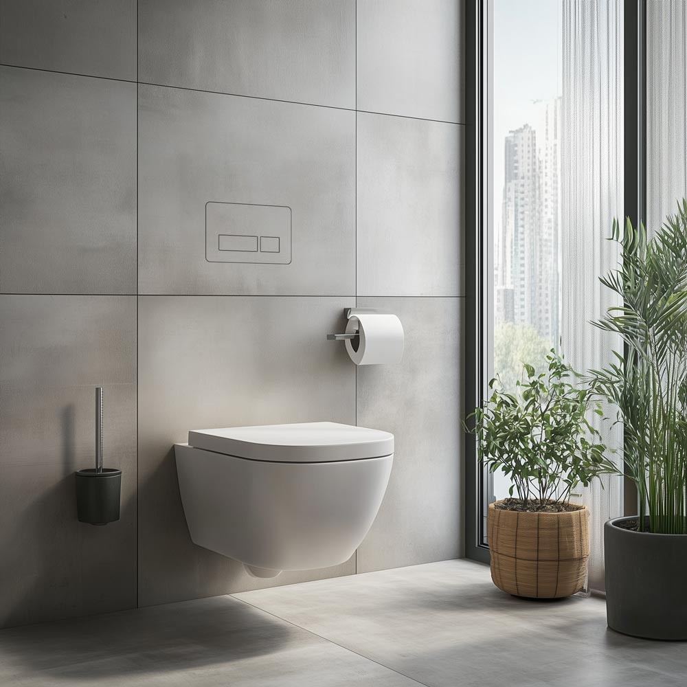 Flächenbündige Drückerplatte in modernem Design, gefliest und befliesbar integriert.