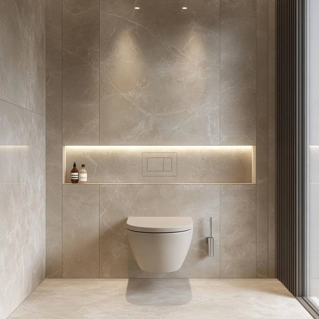 Toilette mit flächenbündig befliesbarer Spülauslösung für nahtloses Wanddesign
