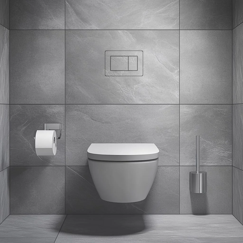 WC mit flächenbündig verbauter befliesbaren Drückerplatte für puristisches Bad-Design