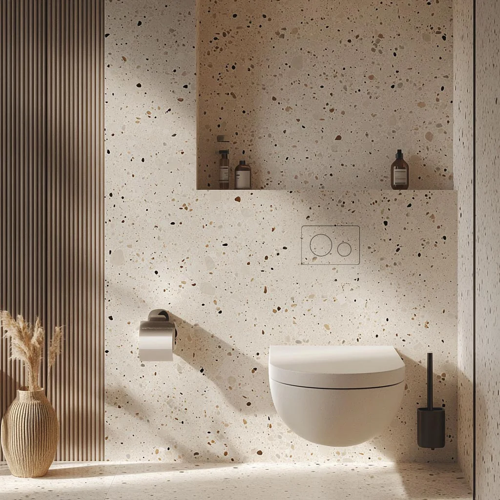 WC mit befliesbarer Drückerplatte für unsichtbare Spülbetätigung im Bad</p>
<p>