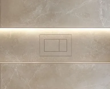 Moderne WC Betätigungsplatte flächenbündig in Großformatfliesen verbaut.